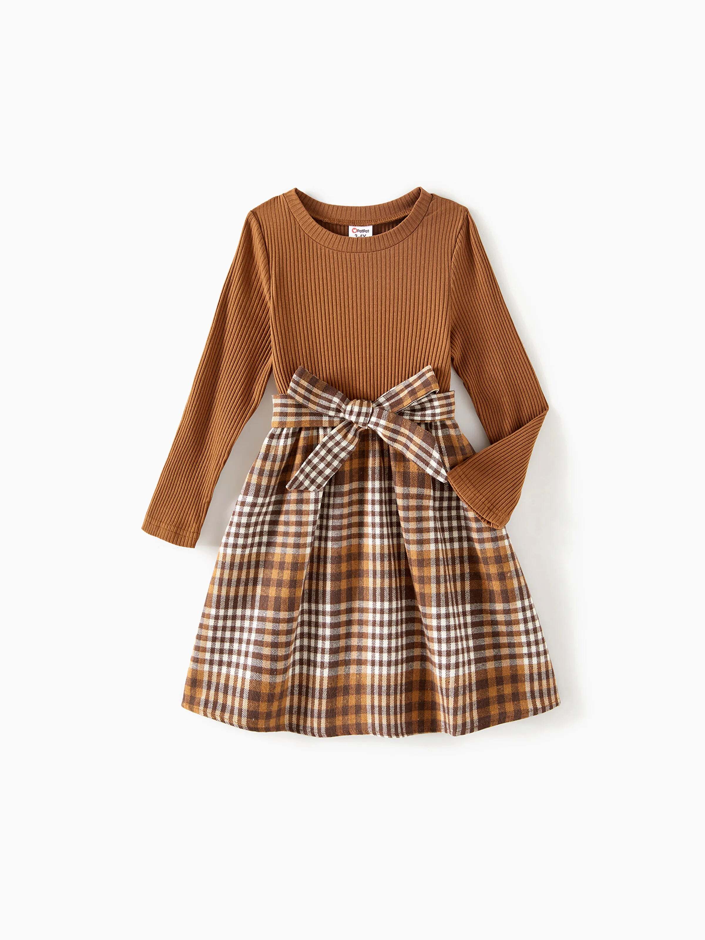 Family Matching Coffee Ribbed Spliced Plaid Belted Dresses and Long-sleeve Colorblock Tops Set Coffee