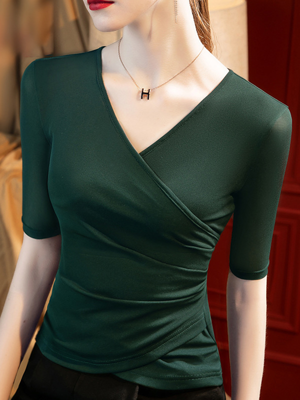 Asymmetric Pleated Solid Color Split-Joint Half Sleeves Plus Size V-Neck T-Shirts Tops