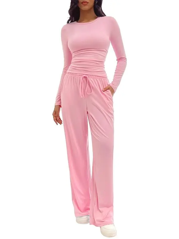 Women's Solid Ruched Tee & Drawstring Pocket Pants Lounge Set