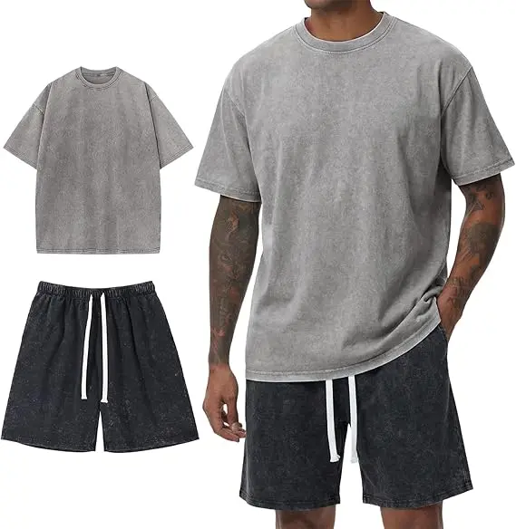 Retro Acid Wash Basic Unisex Tee & Shorts Cotton,7