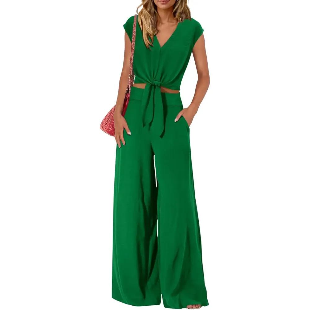 Women's V-Neck Tie Waist Crop Top & Wide Leg Pants 2-Piece Set