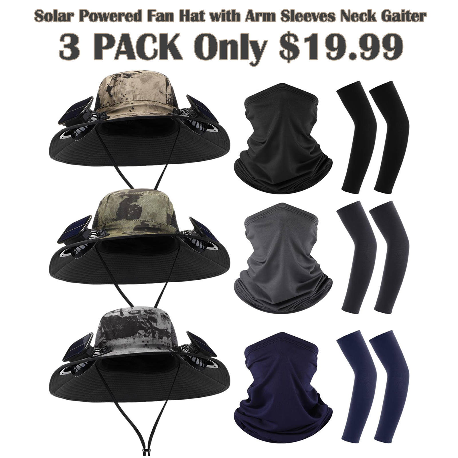 2026 Summer New Solar Powered Fan Hat with Arm Sleeves Neck Gaiter for Men Women Outdoor Wide Brim Bucket Hat with Fan for Hiking