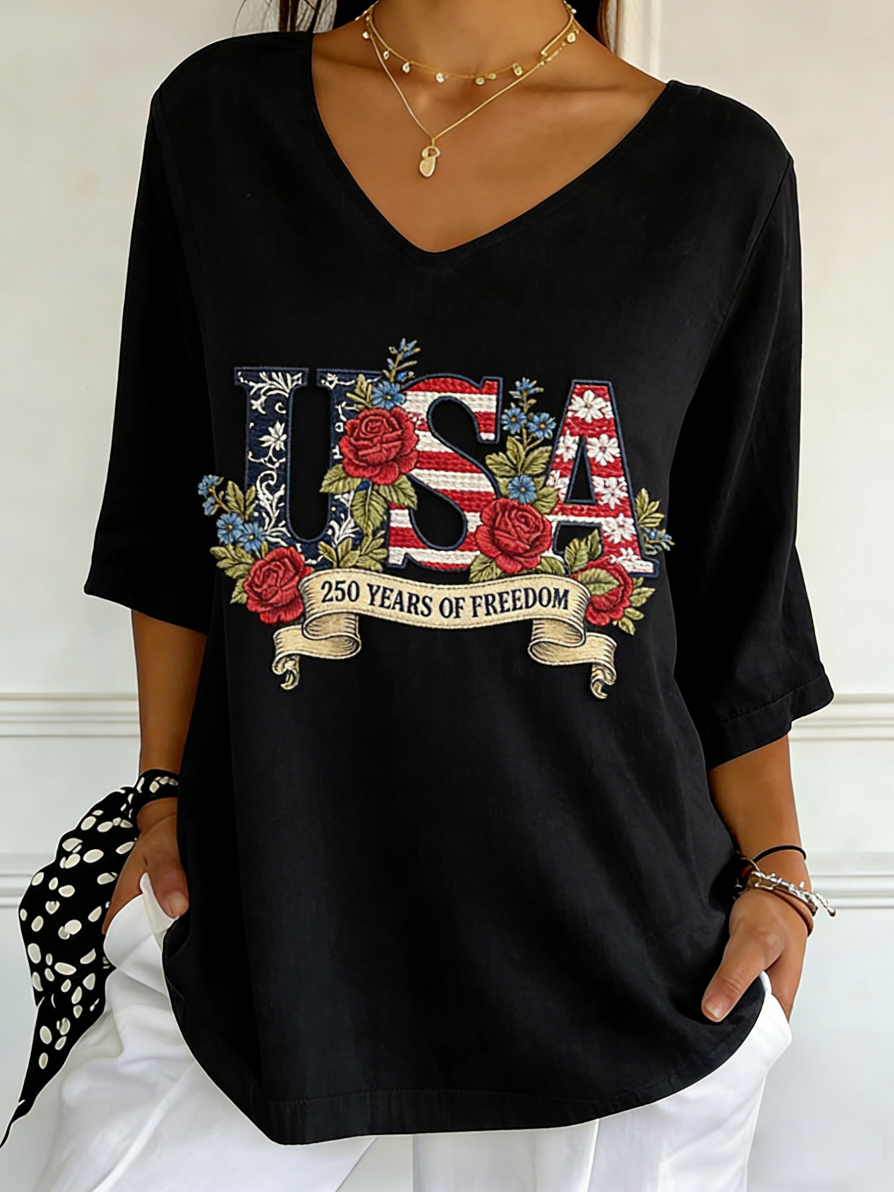 USA 250 Years Of Freedom Floral Embroidered V-Neck Top