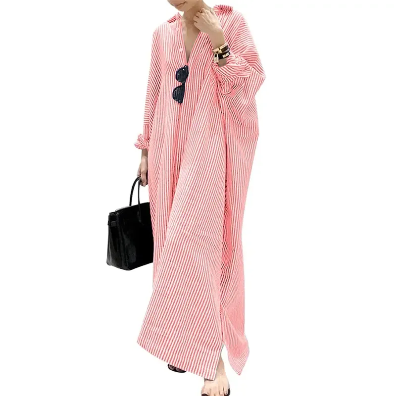 Chouyatou Women’s Striped Cotton Batwing Sleeve Maxi Shirt Dress – Casual Loose Fit Button-Down Long Sleeve Summer Outfit