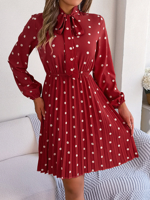 Elegant Polka-Dot Lace-Up Waist Long-Sleeved Pleated Skirt
