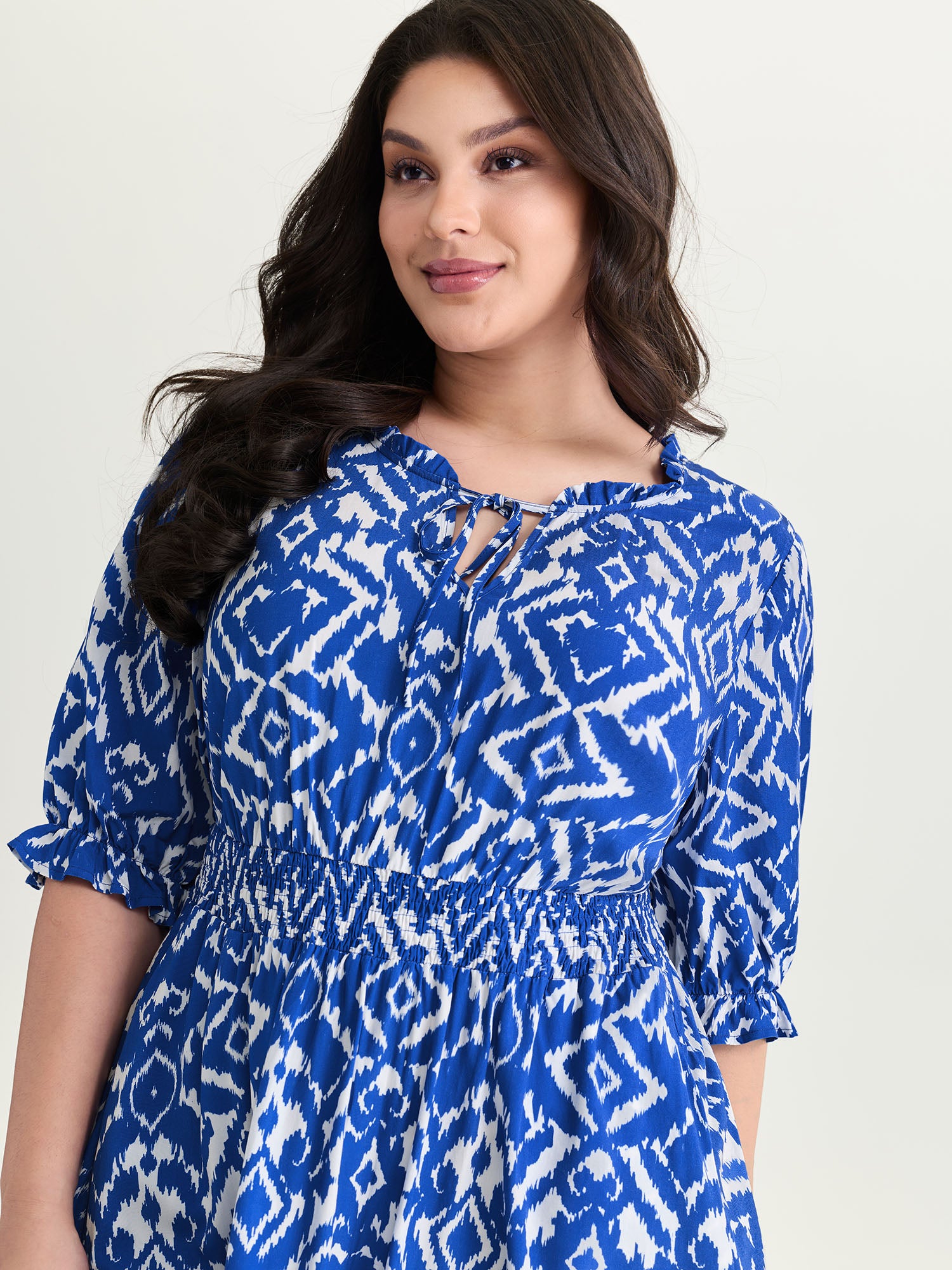 Abstract Print Drawstring Neckline Shirred Mini Dress