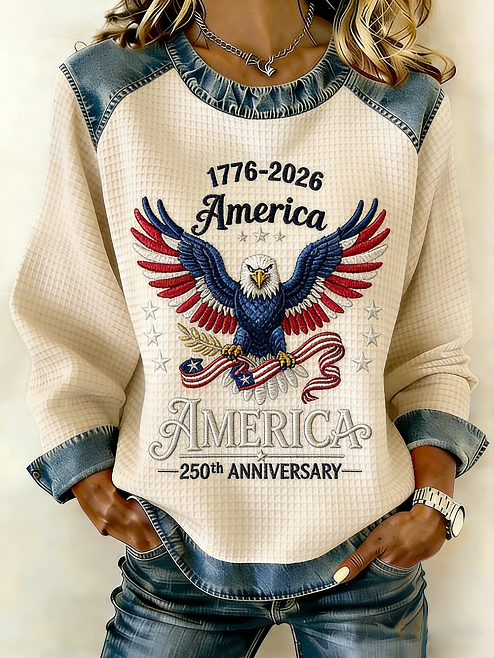 America 250th Anniversary Eagle Embroidered Waffle Knit Top