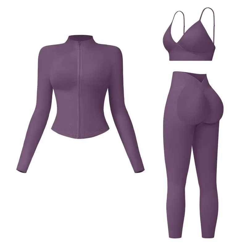 Women’s 3-Piece Seamless Workout Set – Crop Tank, Zip Jacket & High-Waist Leggings