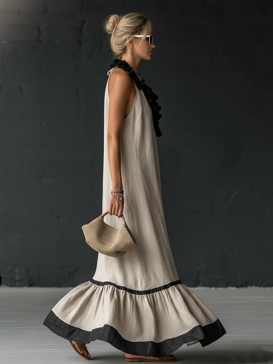 Elegant And Romantic Ruffled Color-blocked Maxi Dress