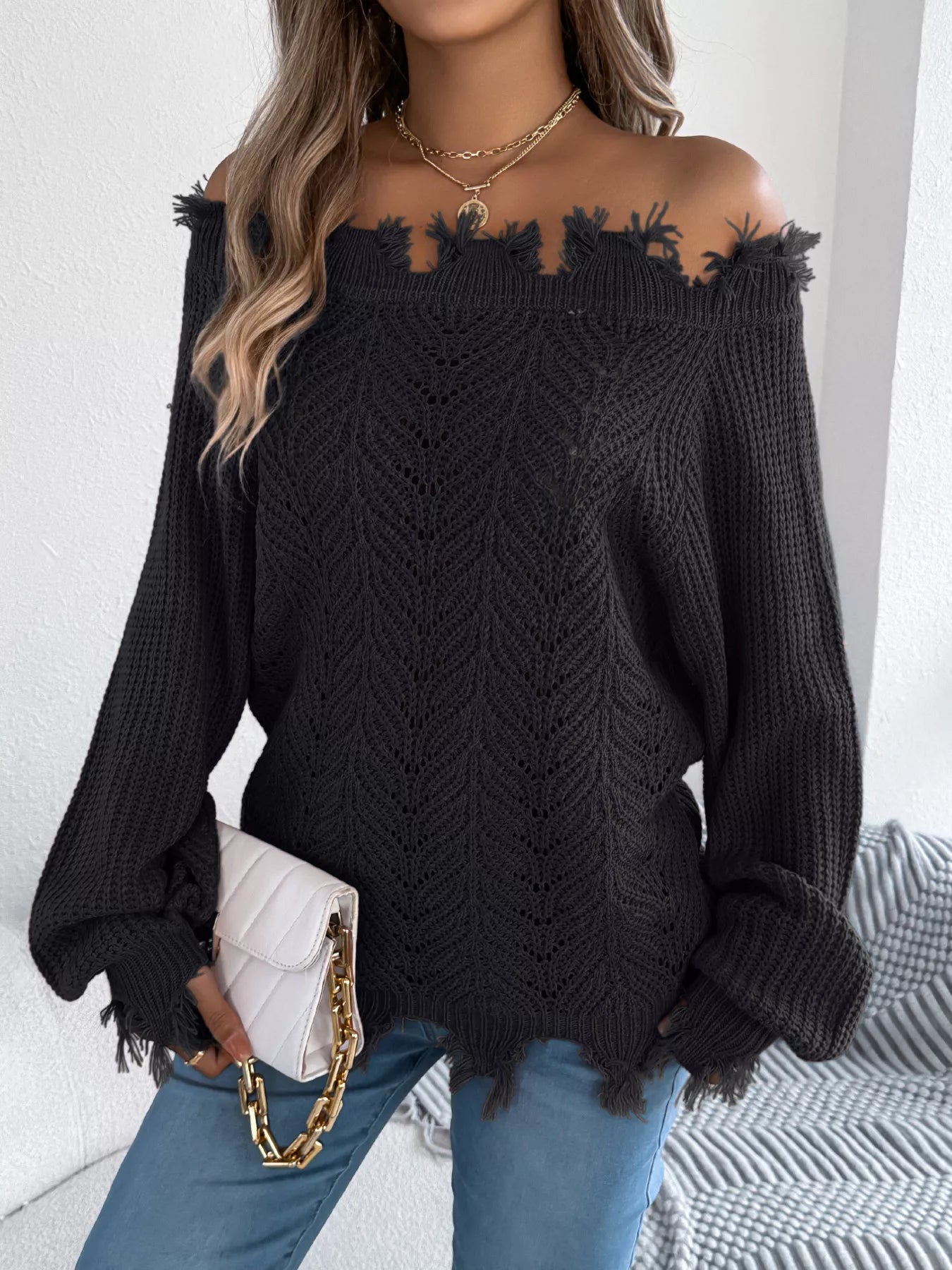 Distressed Hem Openwork Off-Shoulder Sweater
