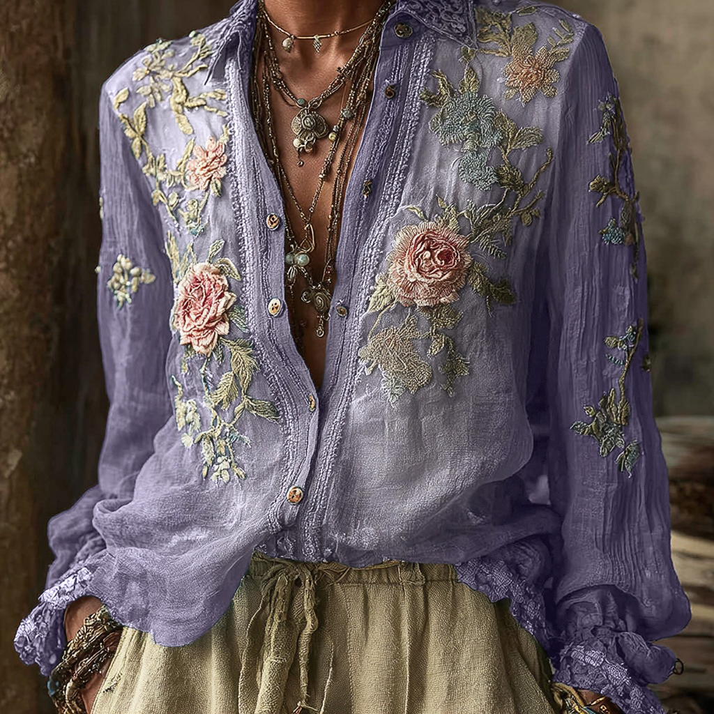 Women's Vintage Bohemian Floral Pattern Linen Long Sleeve Shirt