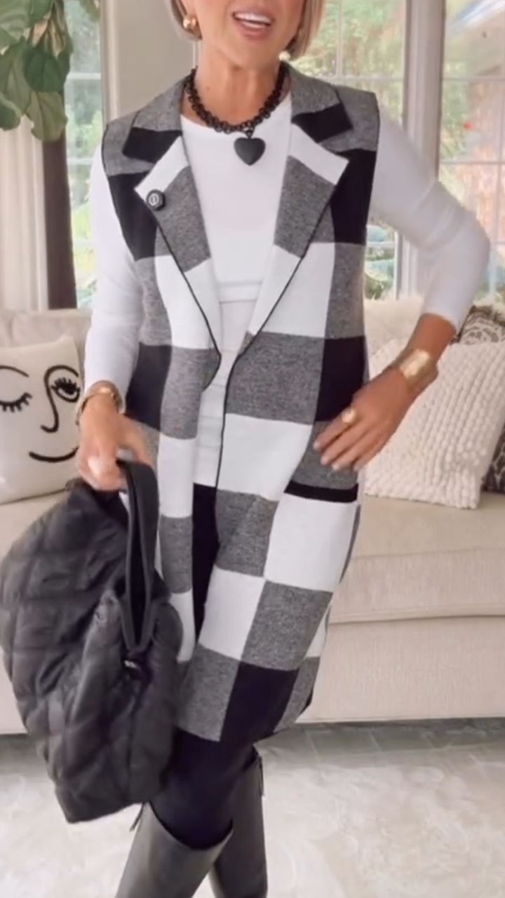 Women Collar Plaid Temperament Casual Long Vest