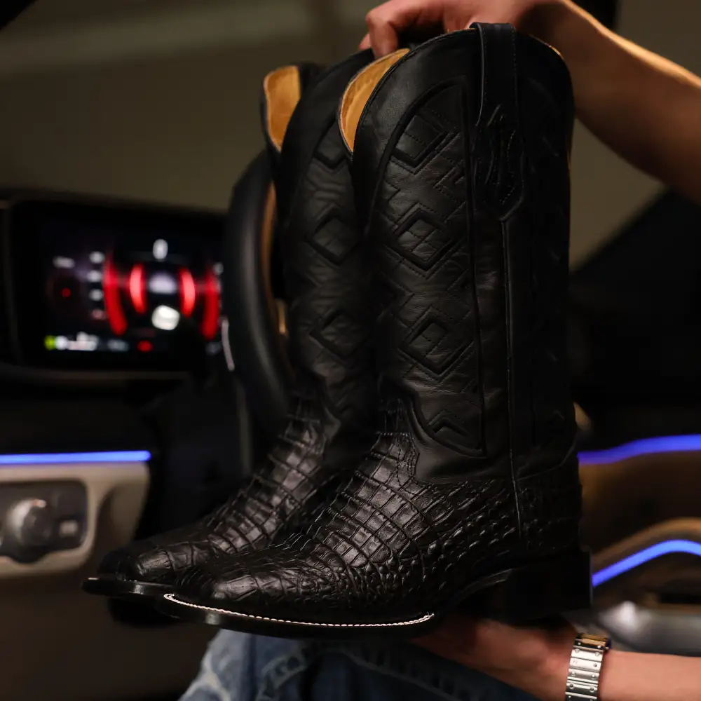 Black American Gator Belly Leather Boots - Square Toe
