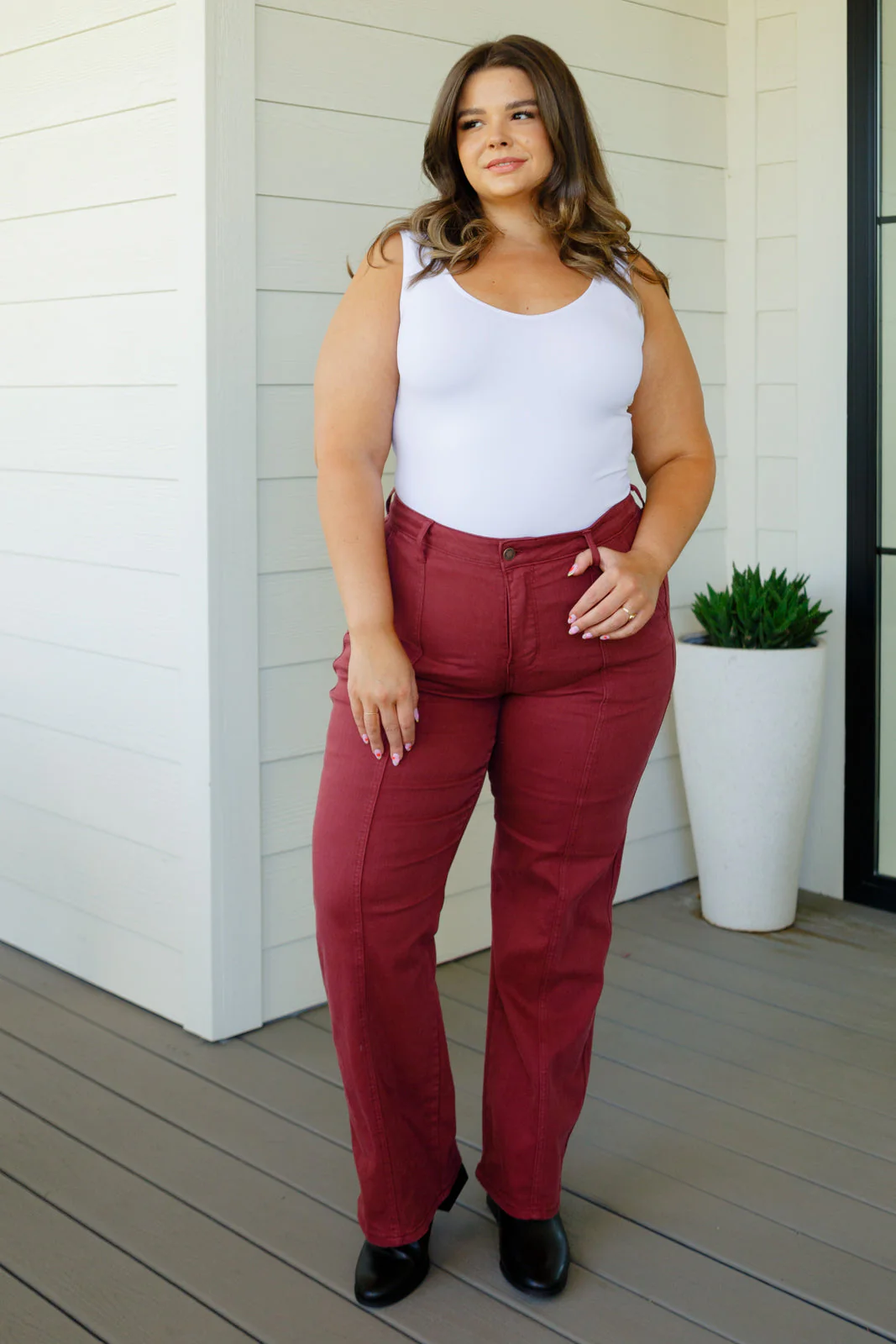 Blue Phoebe High Rise Front Seam Straight Jeans in Burgundy
