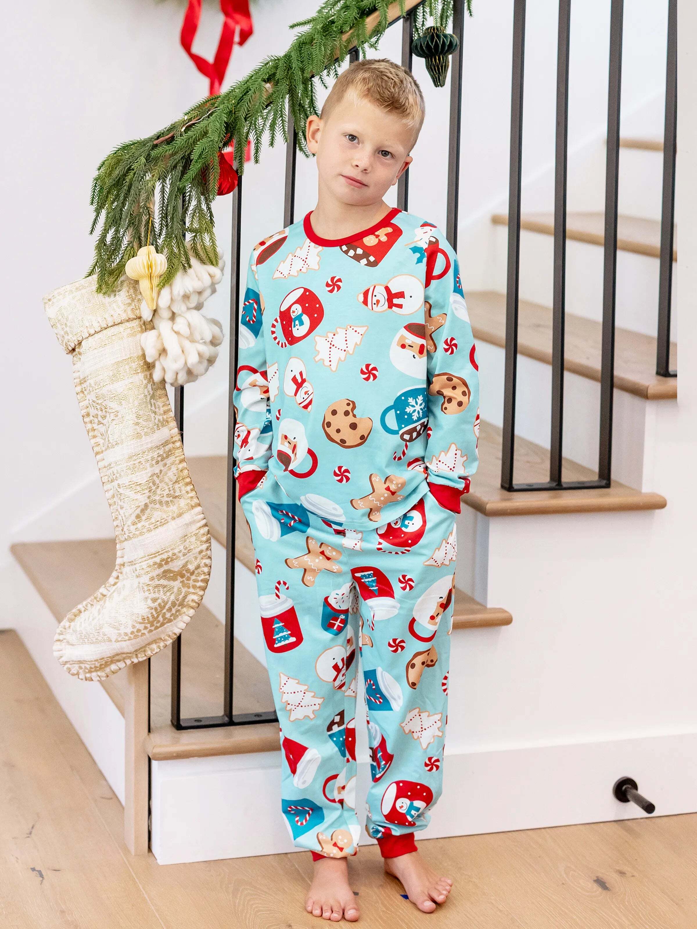 Christmas Matching Family Pajamas Set Gingerbread Print Blue and Red PJS with Christmas Socks Light Blue