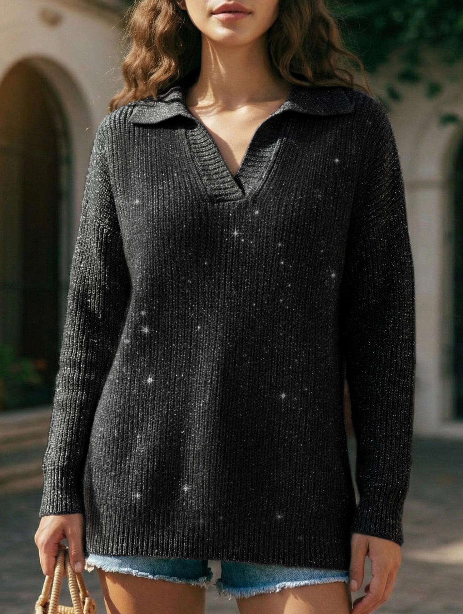 Loose-fitting, silver-threaded, sparkly T-shirt_CWOSWL09205