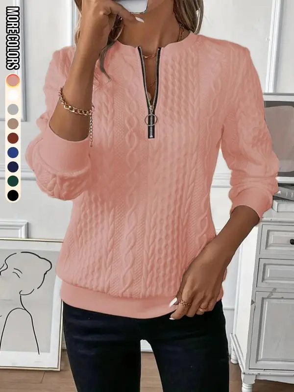 Women'S Plain Textured Half Zip Up Sweatshirt