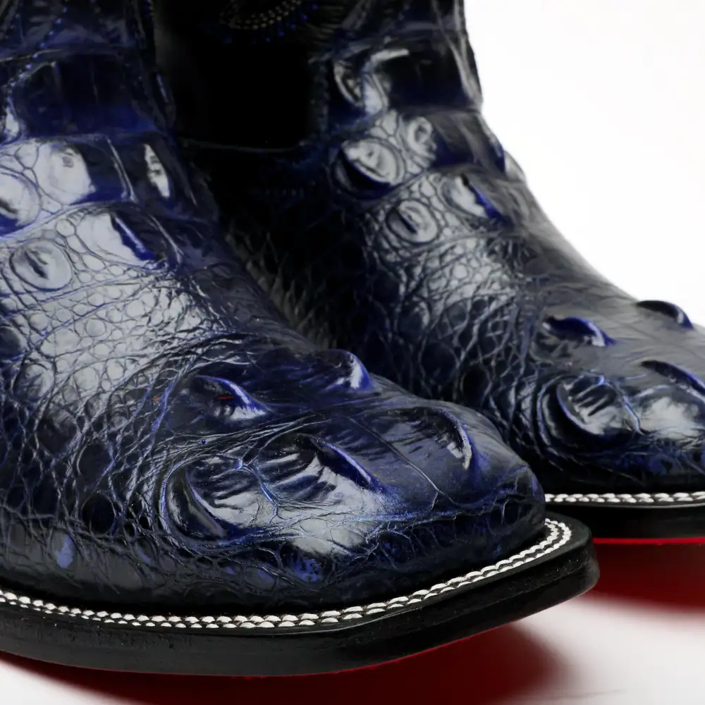 Black/Blue Giant Caiman Neck Leather Boots - Square Toe