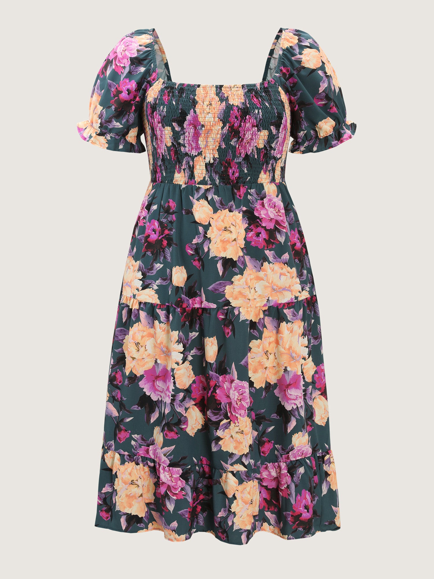 Floral Print Shirred Bodice Midi Dress