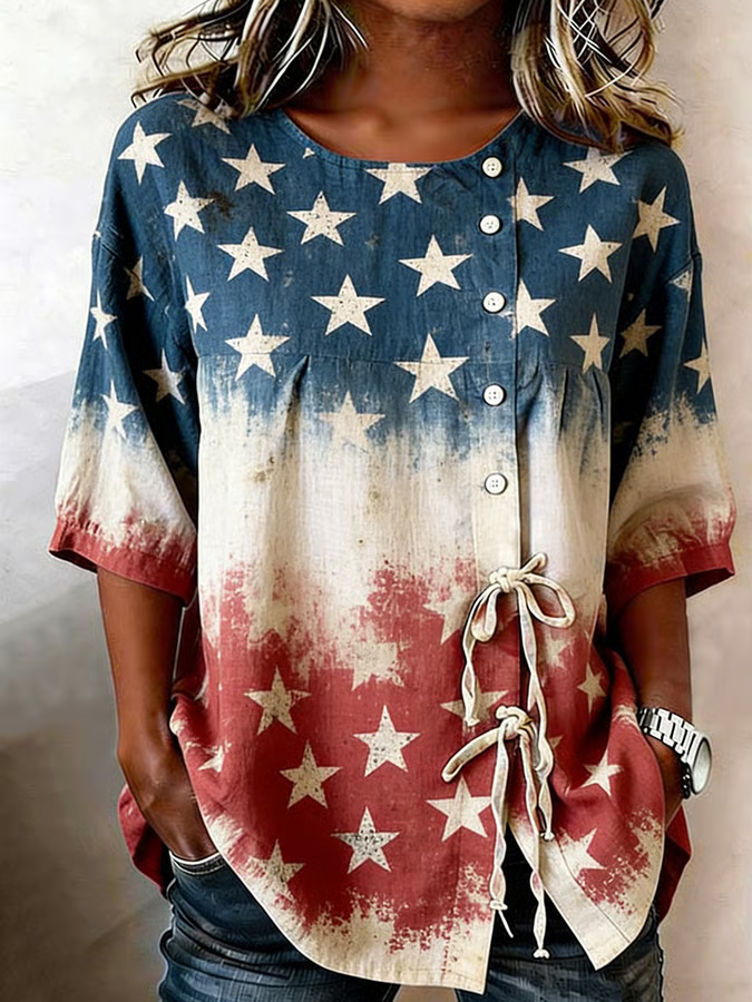 Women'S Flag Art Round Neck Off Shoulder Button Up Shirt