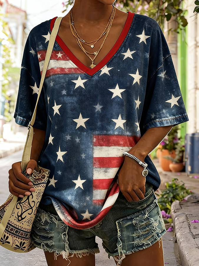 Women's Casual V-Neck American Flag Art Printed T-Shirt