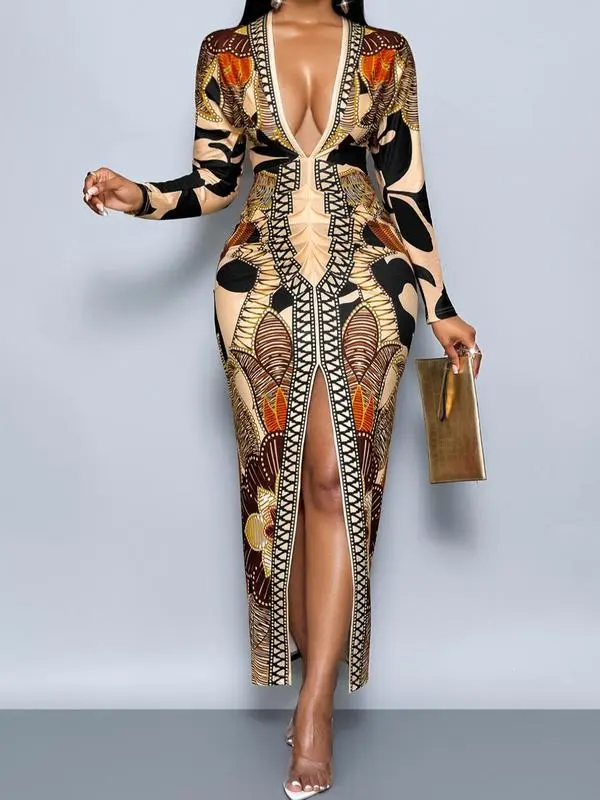 Women's All Over Print Deep V Neck Dress