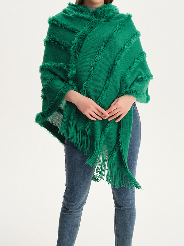 Hooded Keep Warm Solid Color Tasseled Shawl&Cloak Cape