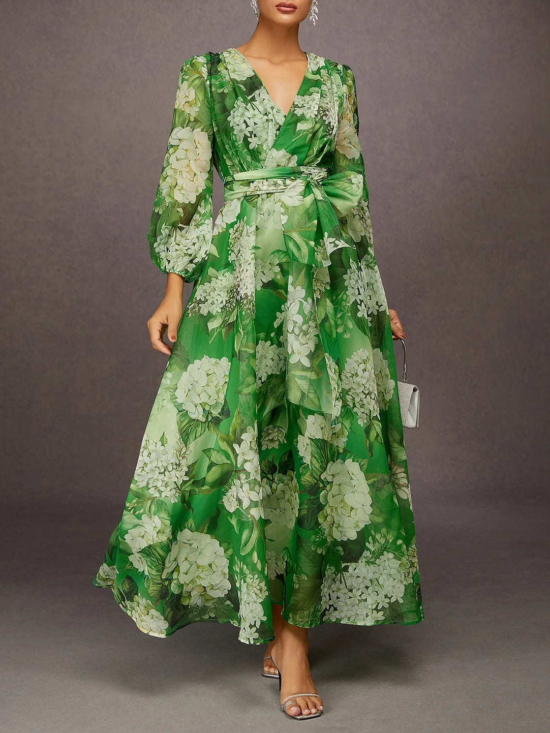Green Floral Print V-neck Long-sleeved Chiffon Maxi Dress
