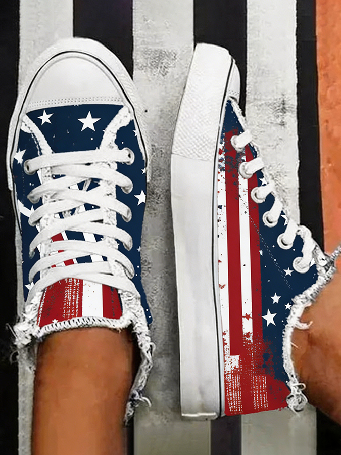 Women's Asymmetrical American Flag Print Fringe Sneakers