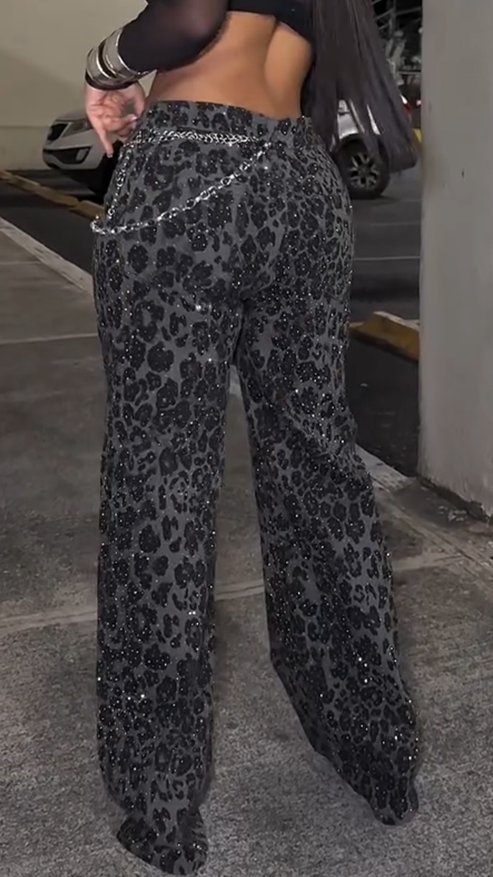 Women Leopard Print Rhinestone Casual Pants