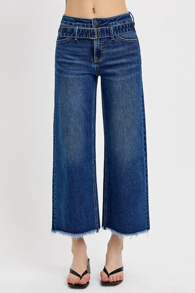 Raw Hem Wide Leg Attached Buckle Jeans