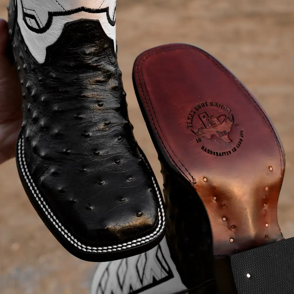 Black Ostrich Leather Boots - Square Toe