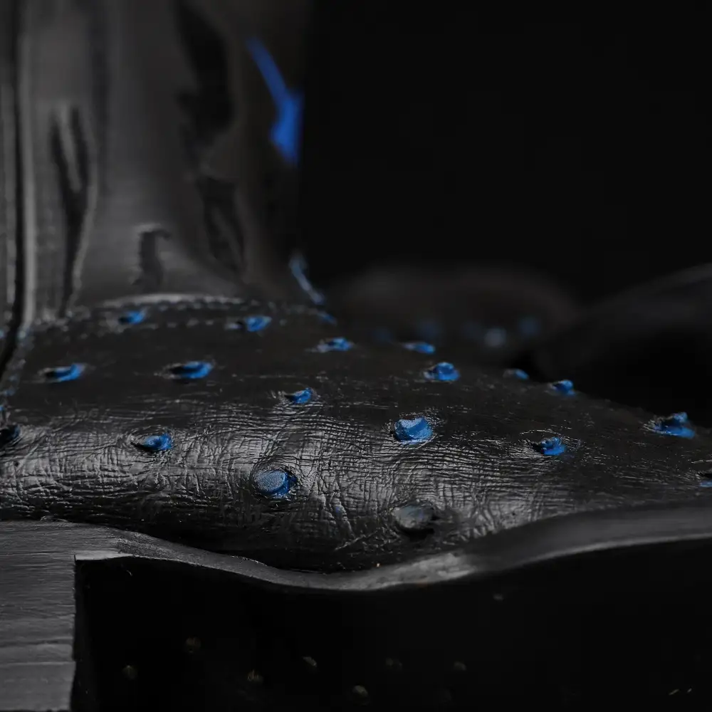 Black/Blue Ostrich Leather Boots - Square Toe