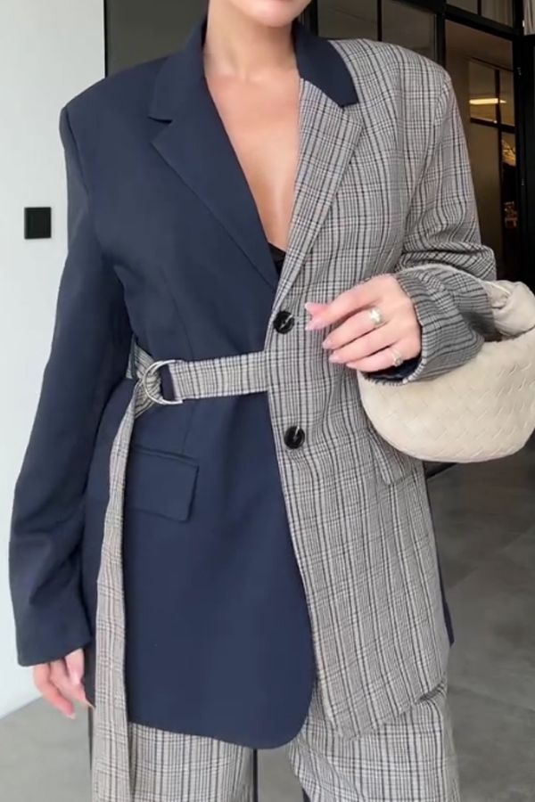 Women Elegant Office Irregular Contrast Plaid Blazer + Pants Suit