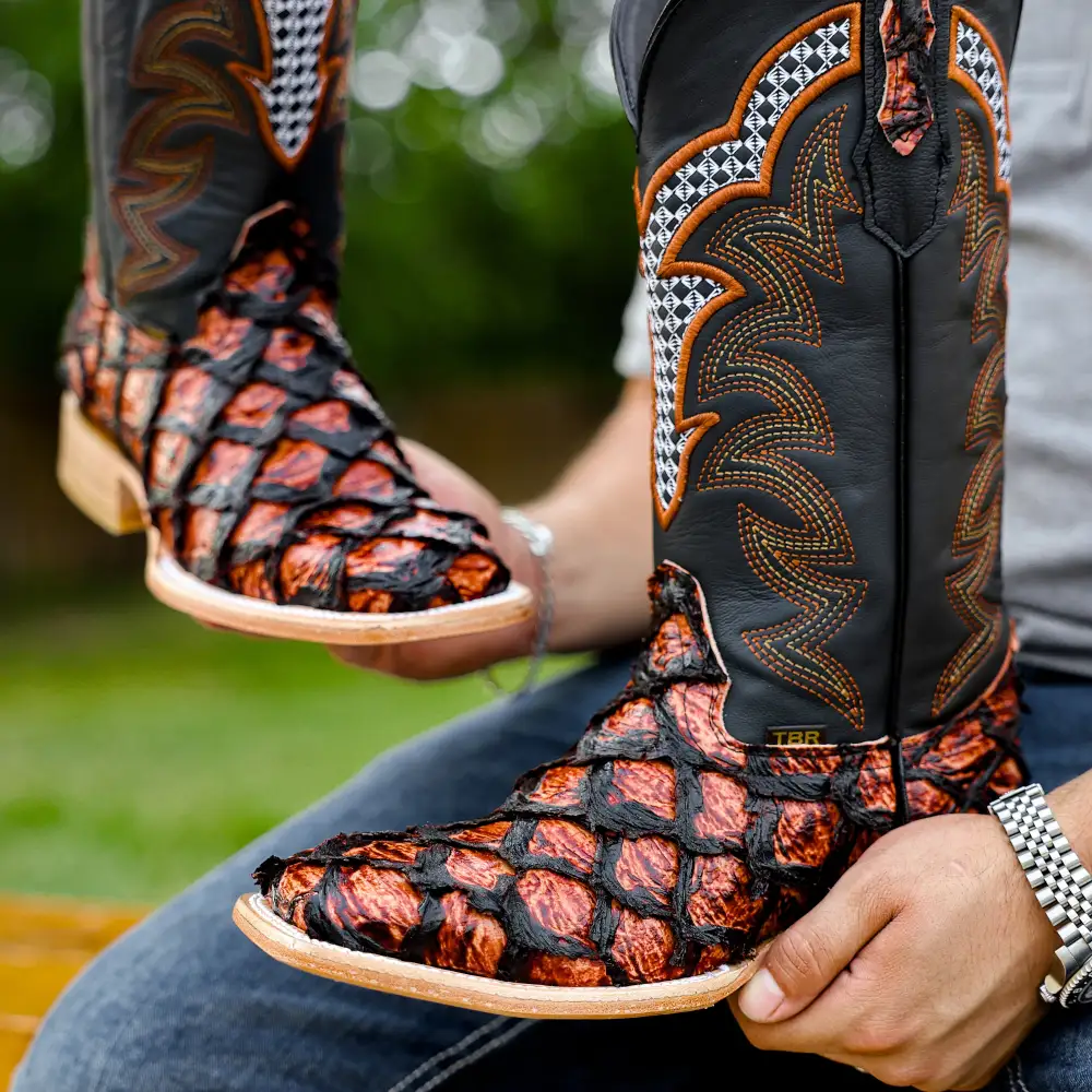 Cognac Jumbo Pirarucu Leather Boots - Square Toe