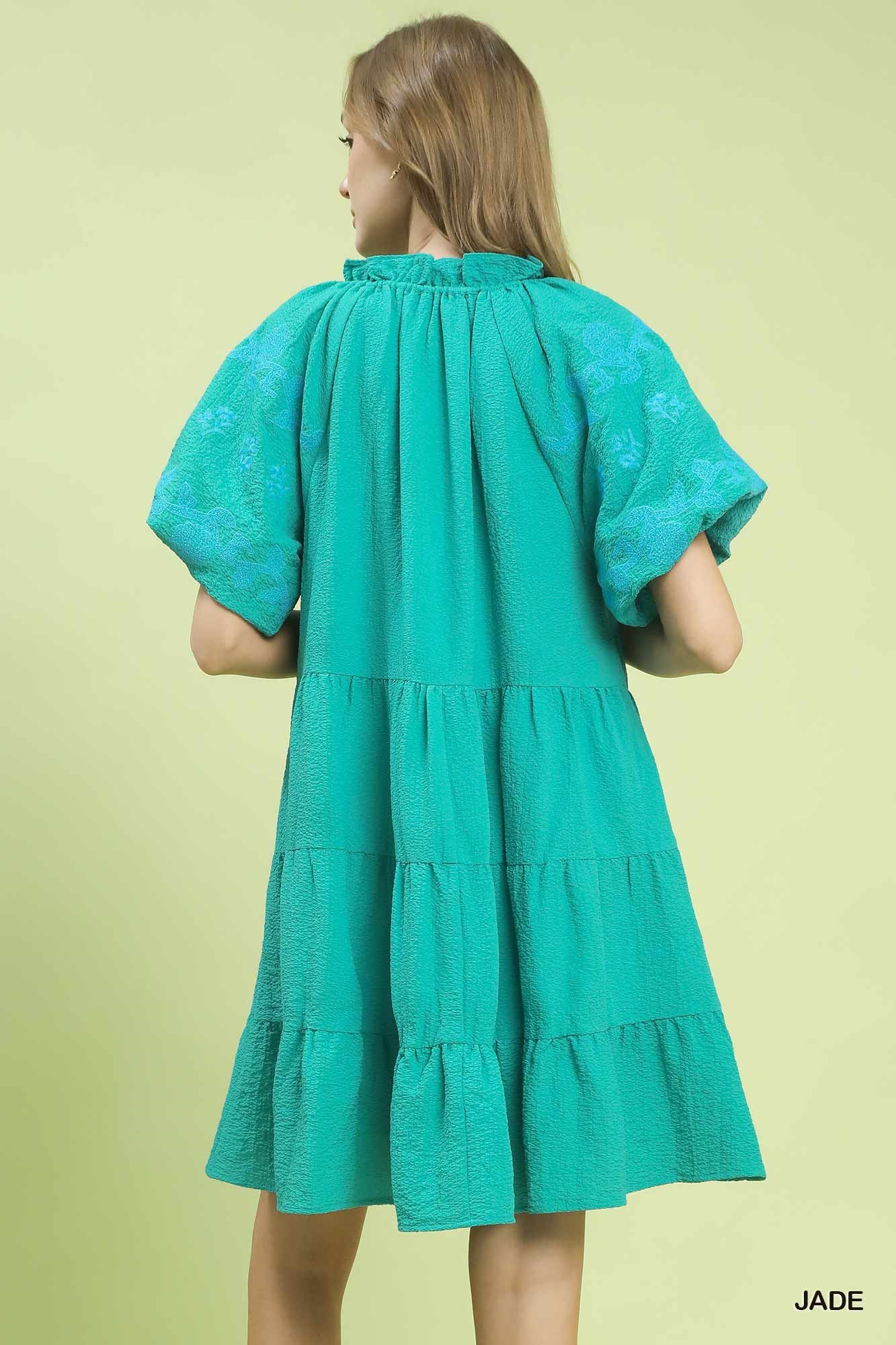 Umgee Embroidered Tiered Puff Sleeve Mini Dress