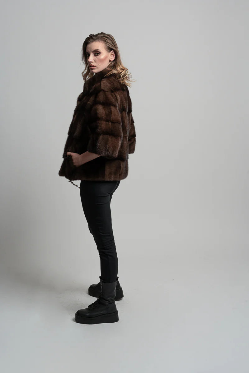 Haină din Blană Naturală de Vizon, Oversized, Femei, Chocolate 212