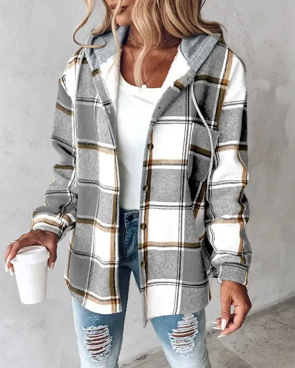 Plaid Pattern Long Sleeve Shacket Button Down Fleece Lined Hooded Jackets Warm Coat
