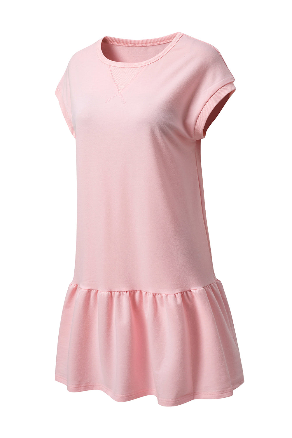 Apricot Pink Solid Color Cap Sleeve Drop Waist T Shirt Dress