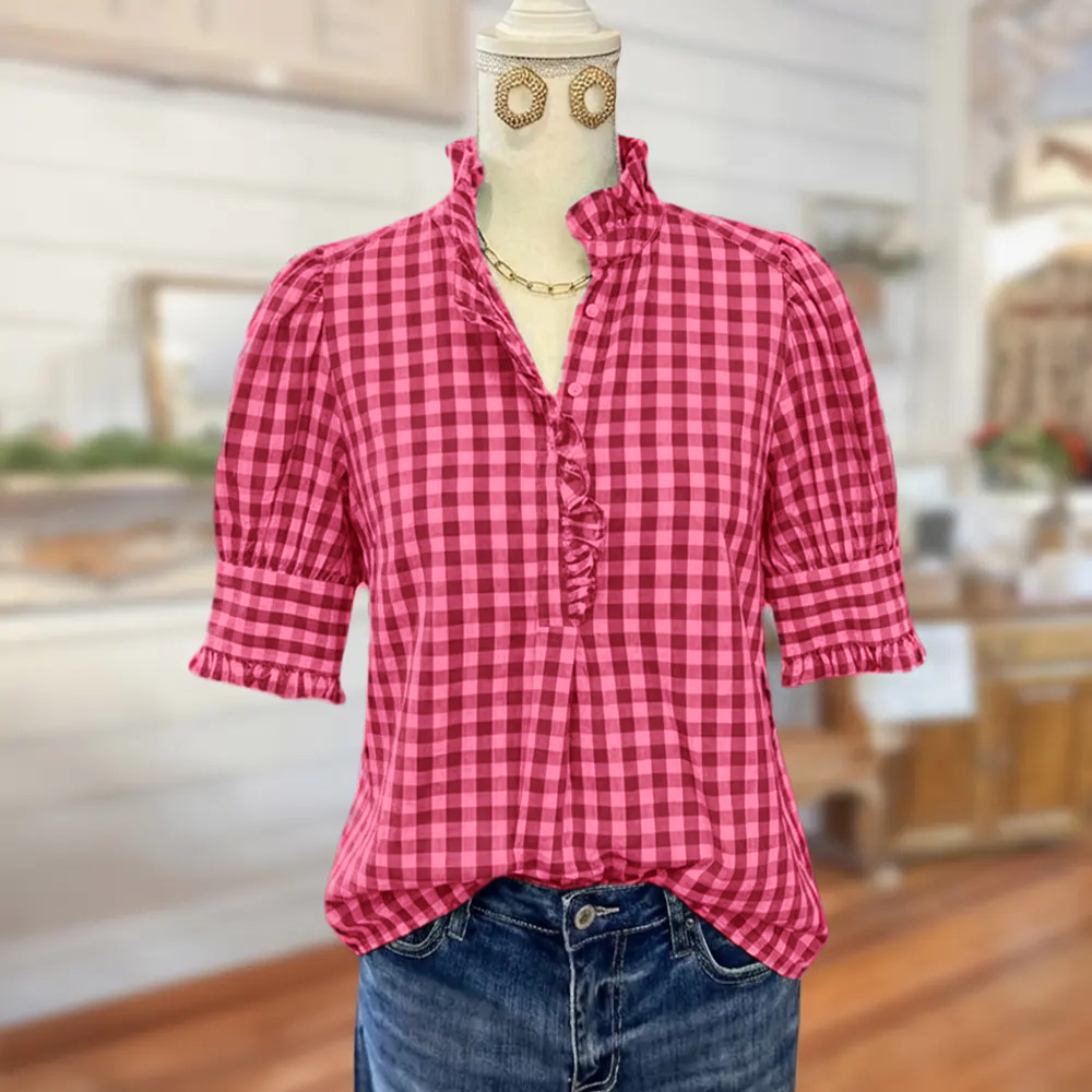 🌿 Women's Vintage Gingham Puff Sleeve Blouse