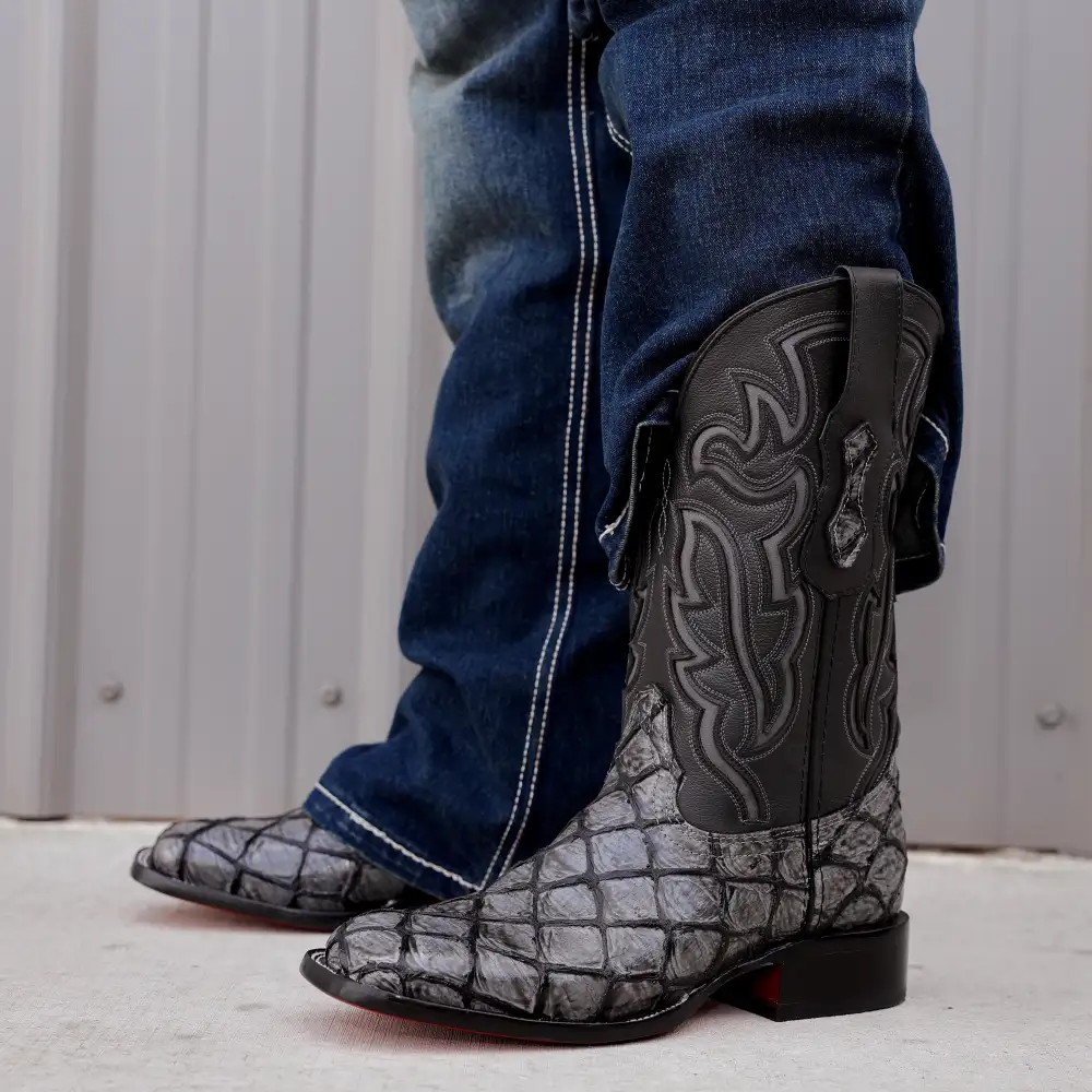 Midnight Grey Pirarucu Leather Boots - Square Toe