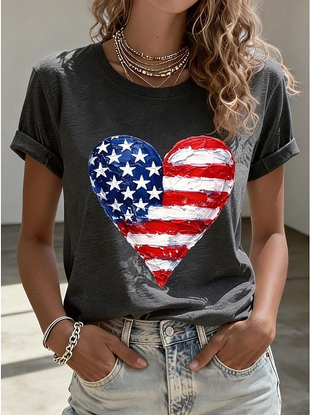 Women's American Flag Heart Patriotic Casual T-Shirt