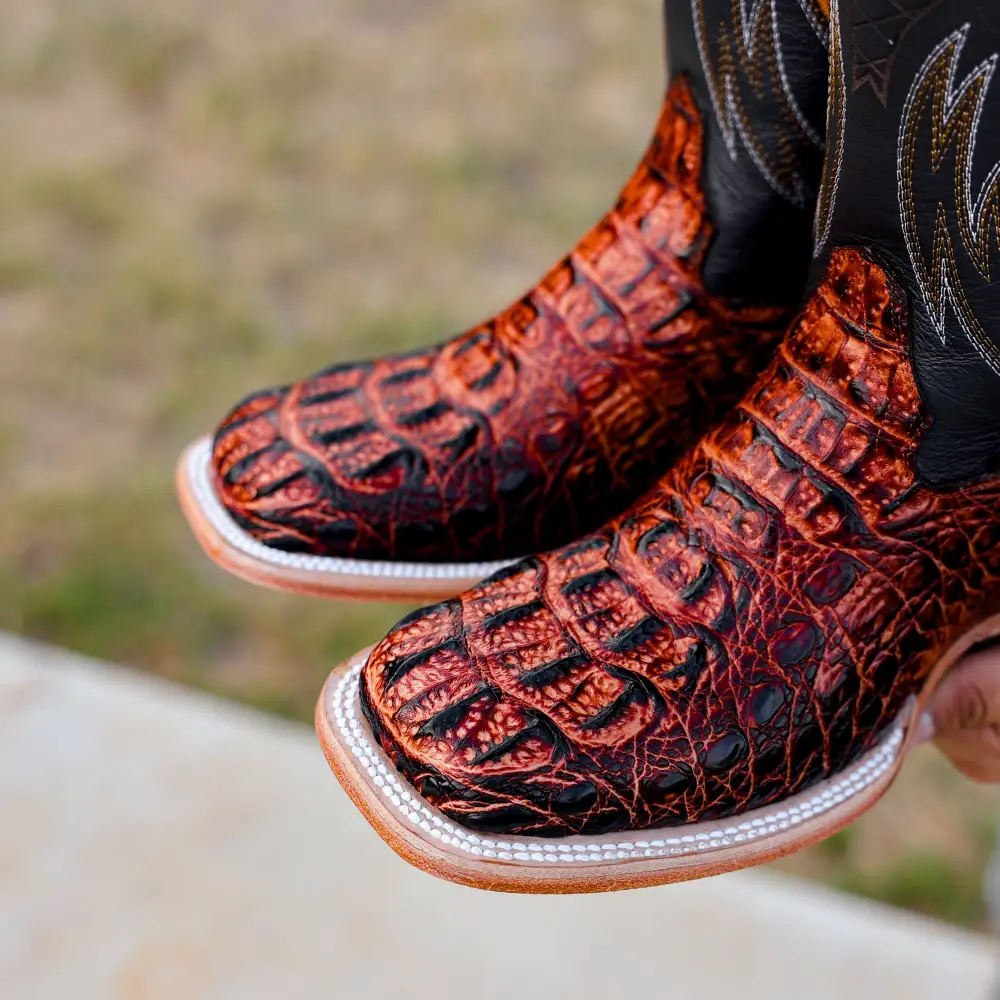 Cognac Caiman Neck Leather Boots - Square Toe