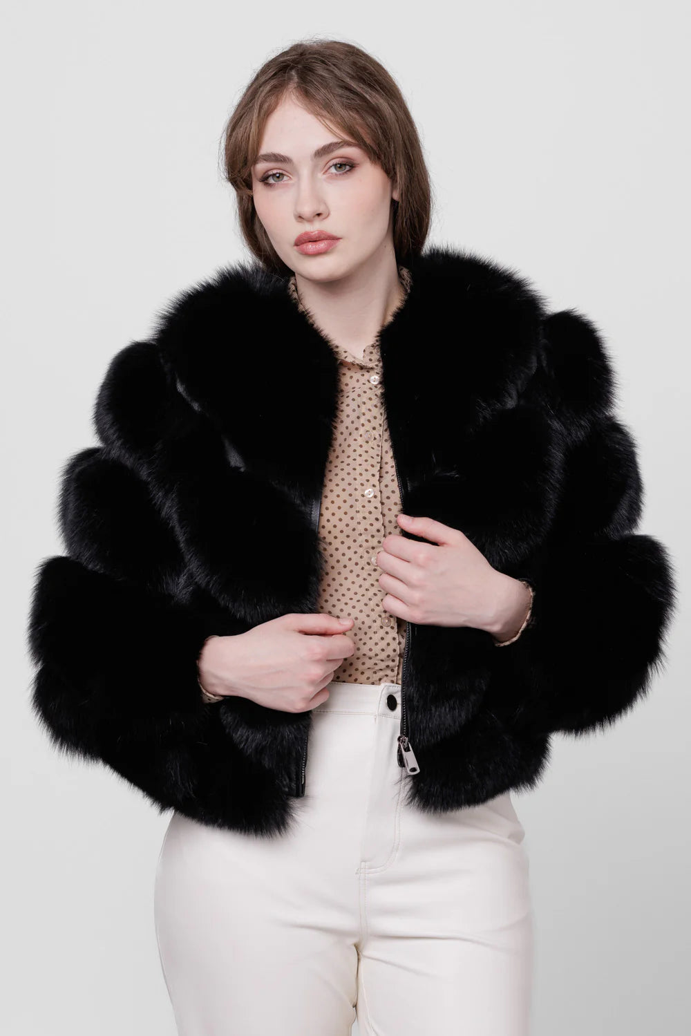 Haină din Blană Naturală de Vulpe, V Model, Transformabilă, Femei, Sable 276