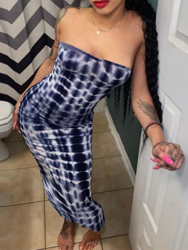 Tie-Dye Off-Shoulder Tube Top Bodycon Maxi Dress