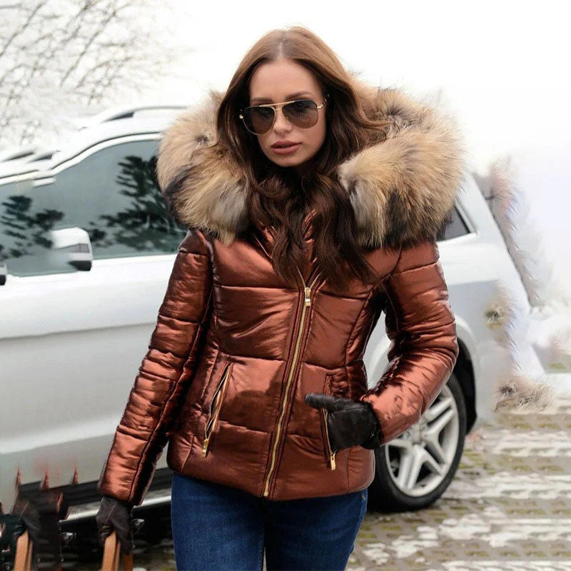 Women's casual warm large fur collar hooded jacket