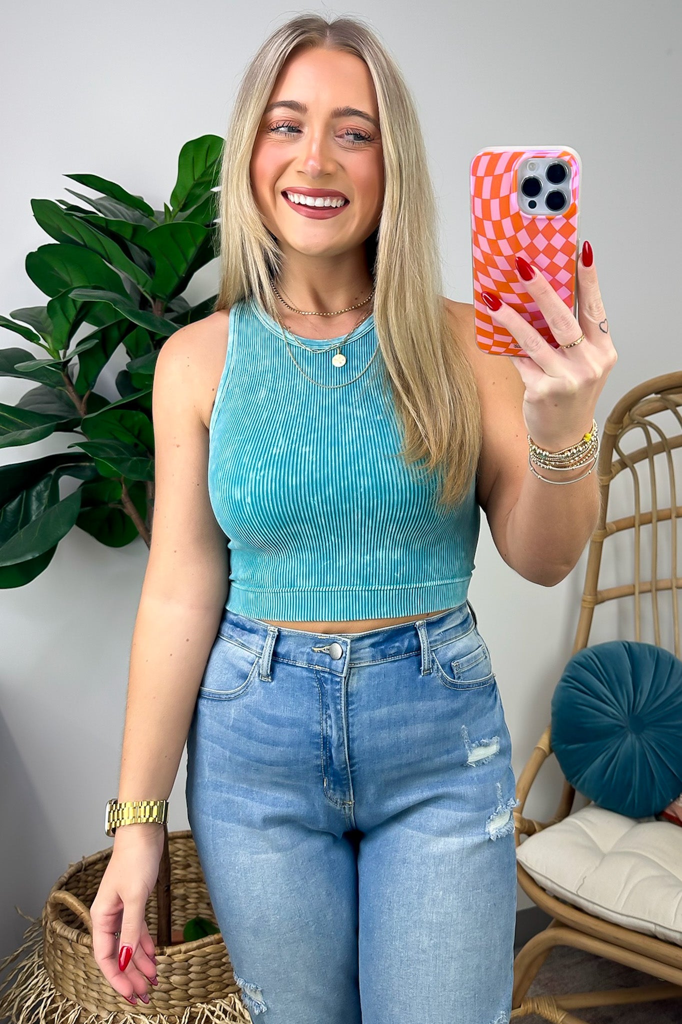 Washed Ribbed High Neck Cropped Tank Top