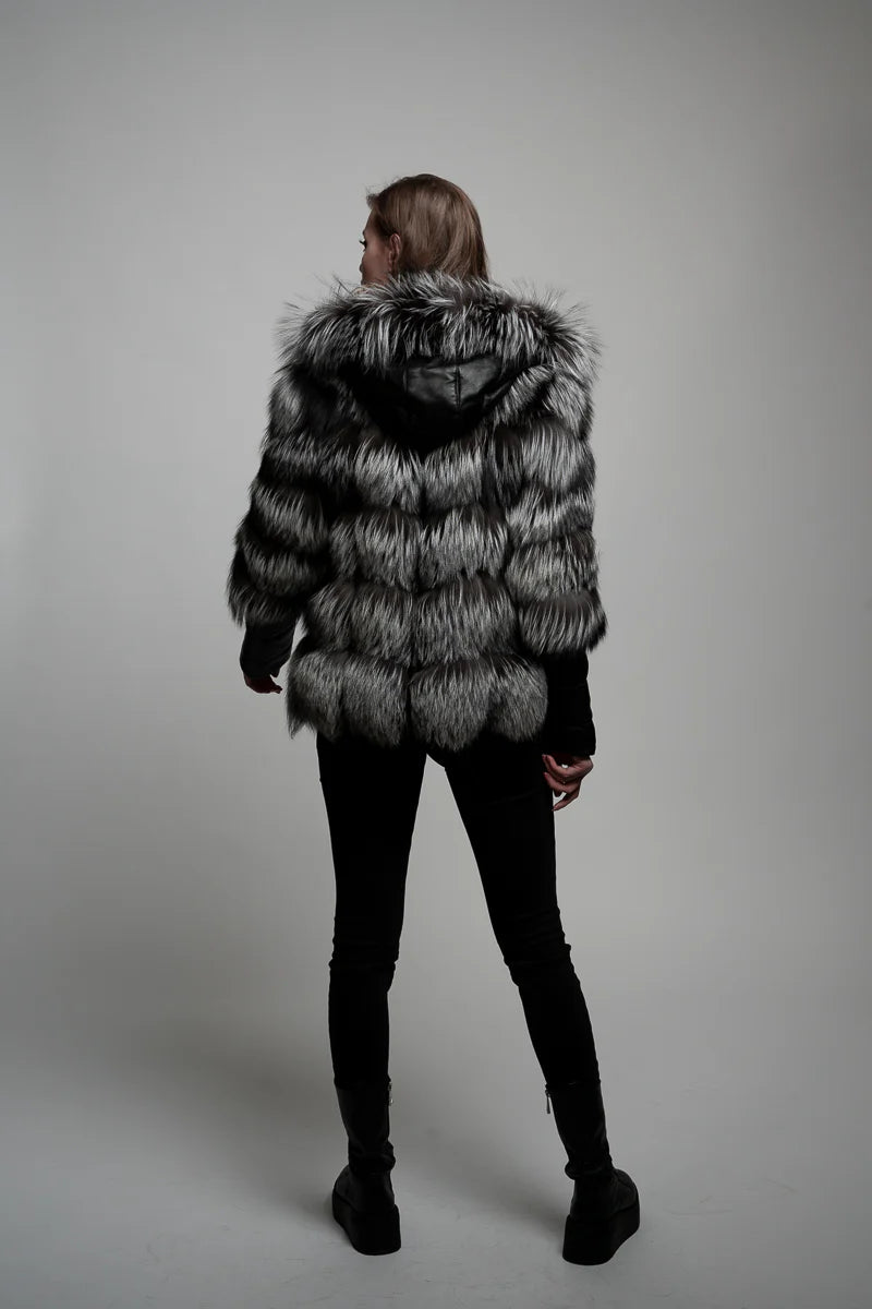 Haină din Blană Naturală de Vulpe, cu Glugă, Femei, Grey Frost 253