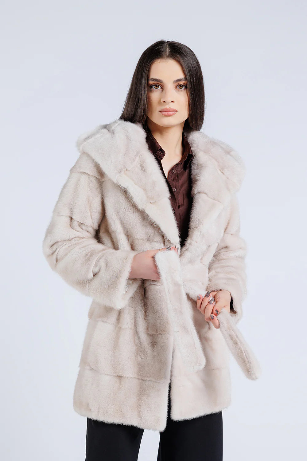 Haină din Blană Naturală de Vizon, cu Glugă Cobra, Cordon din Blană, Femei, Pearl 197