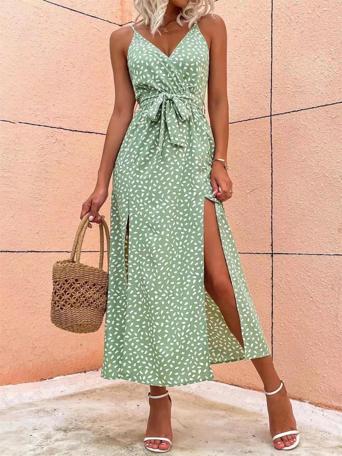Slit Printed Surplice Midi Dress
